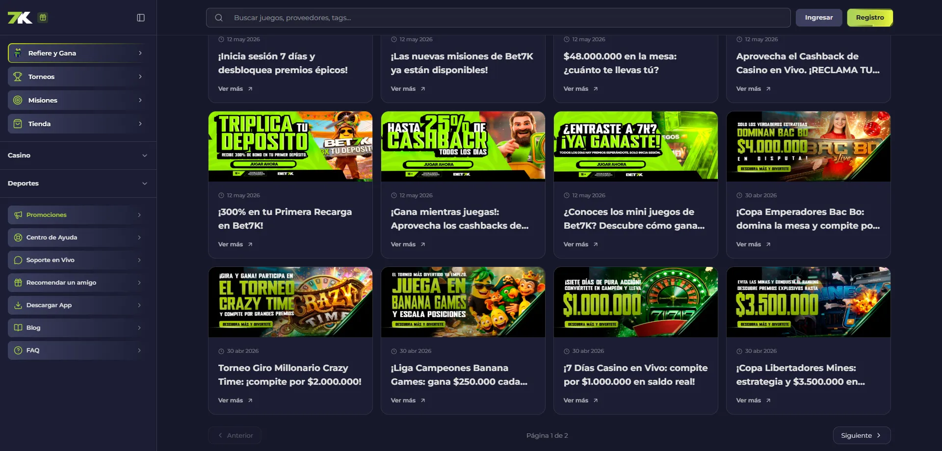 Cashback semanal del 5% en Bet7k Casino — bonos y promociones
